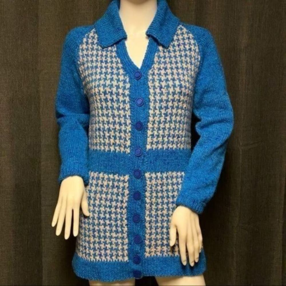 Vintage Cicely hand knit long‎ houndstooth cardigan